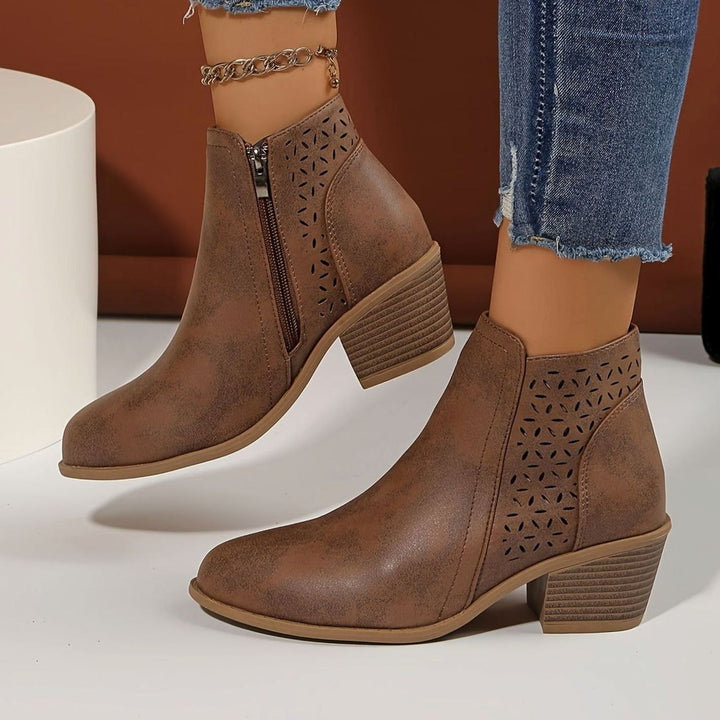 Women's Laser-Cut Breathable Orthopedic Block-Heel Ankle Boots - Brown