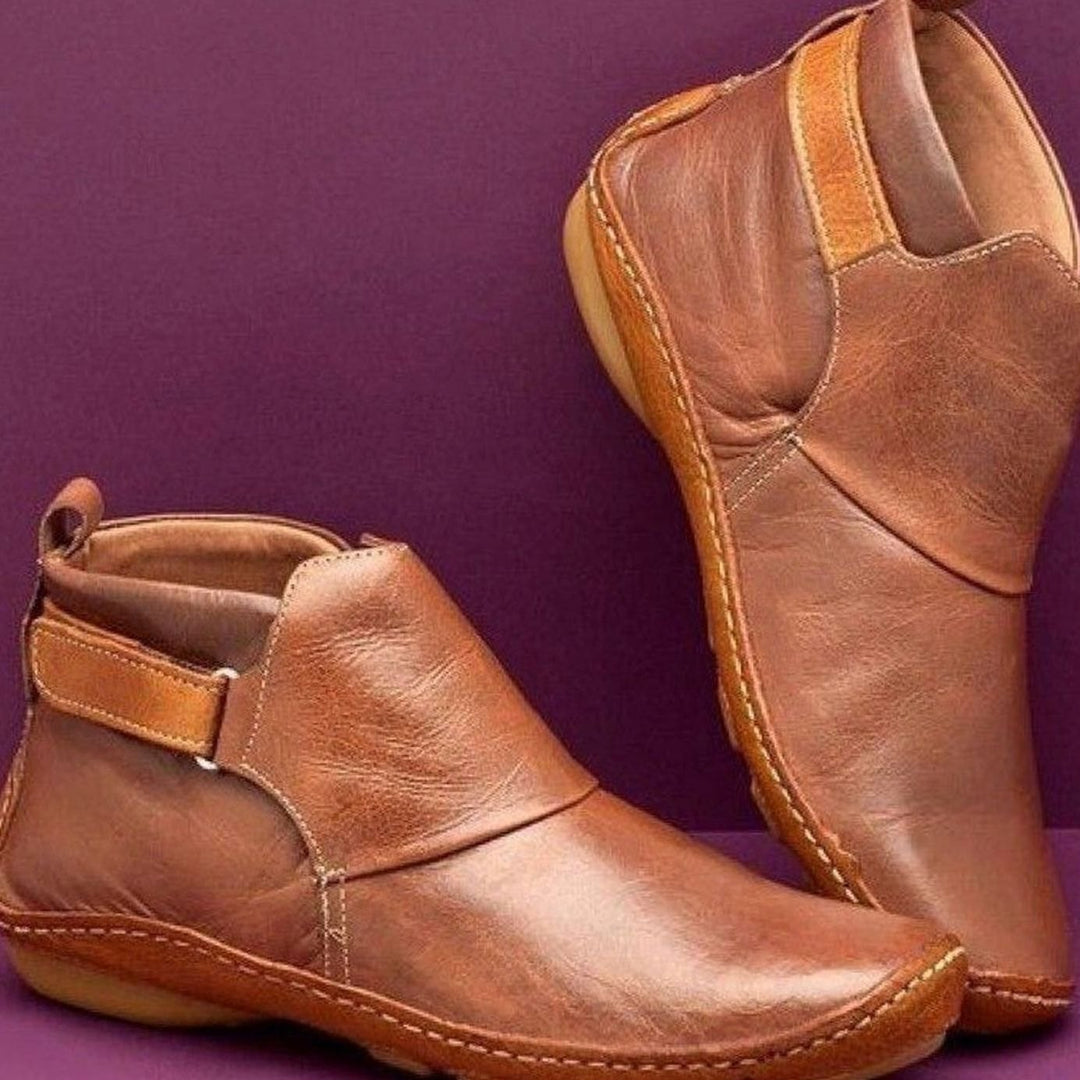 Women's Leather Ankle Boots Adjustable Strap Flat Sole - Caramel Brown