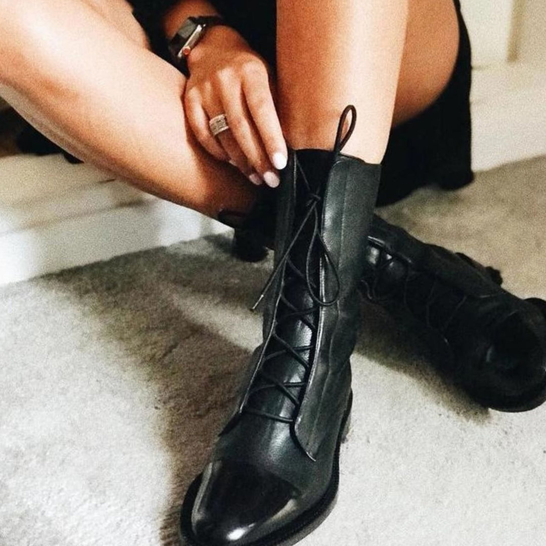Women's Leather Lace-Up Mid-Calf Cap-Toe Ankle Boots