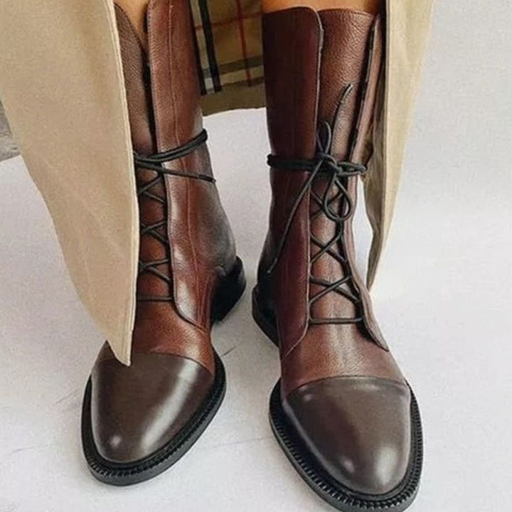 Women's Leather Lace-Up Mid-Calf Cap-Toe Ankle Boots - Brown