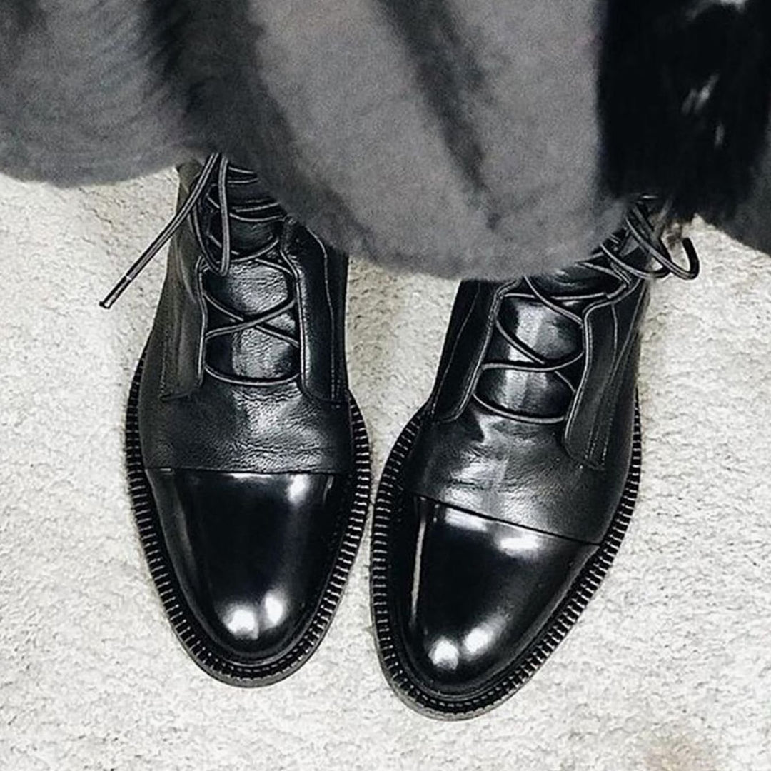 Women's Leather Lace-Up Mid-Calf Cap-Toe Ankle Boots