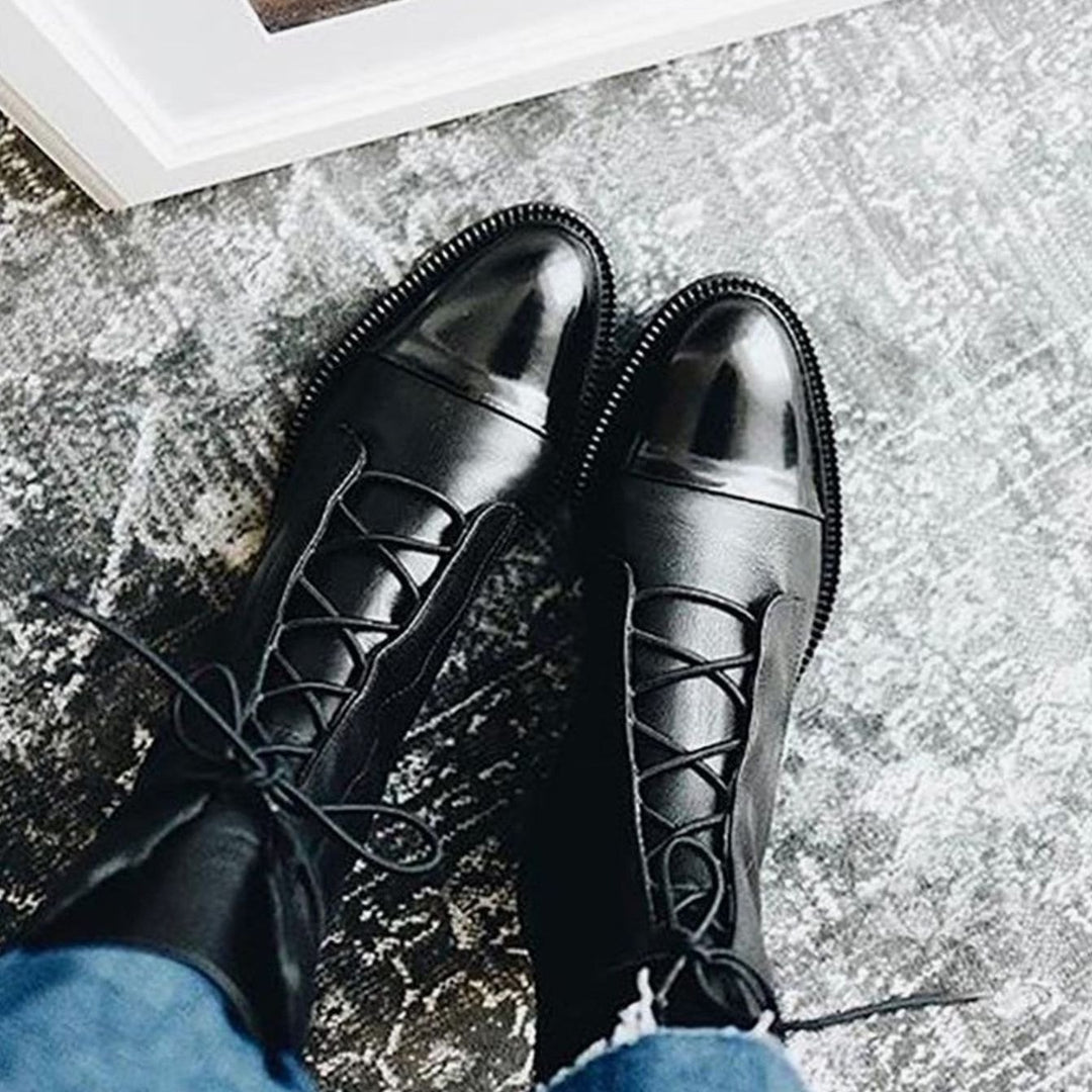 Women's Leather Lace-Up Mid-Calf Cap-Toe Ankle Boots
