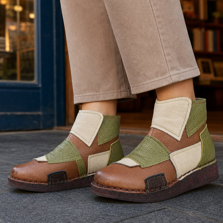 Women's Leather Patchwork Colorblock Ankle Boots - Light Brown