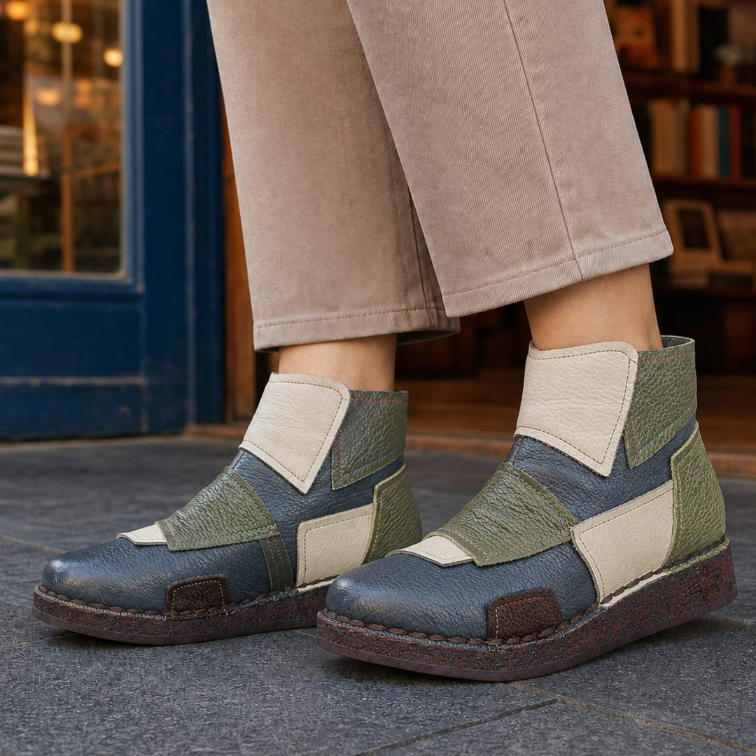 Women's Leather Patchwork Colorblock Ankle Boots - Blue