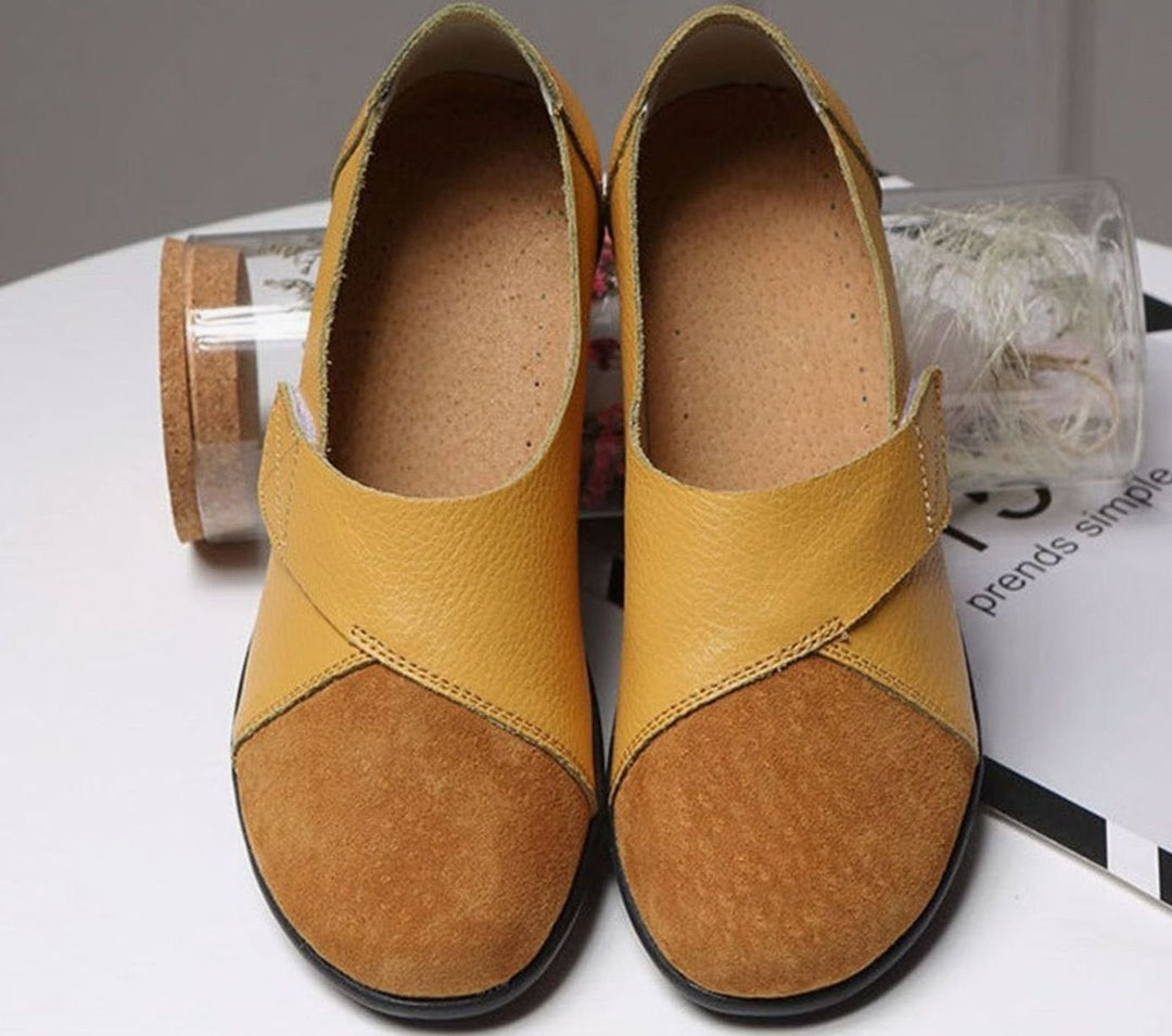 Women's Leather Slip-On Flat Loafers Cushioned Insole - Yellow
