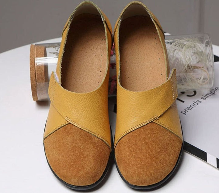 Women's Leather Slip-On Flat Loafers Cushioned Insole - Yellow