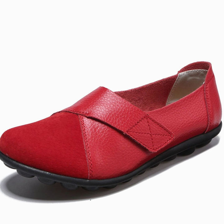 Women's Leather Slip-On Flat Loafers Cushioned Insole - Red