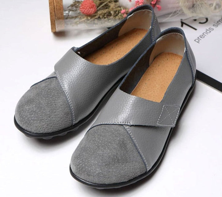 Women's Leather Slip-On Flat Loafers Cushioned Insole - Grey