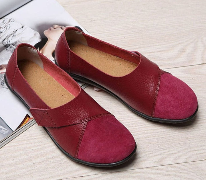 Women's Leather Slip-On Flat Loafers Cushioned Insole - Wine Red