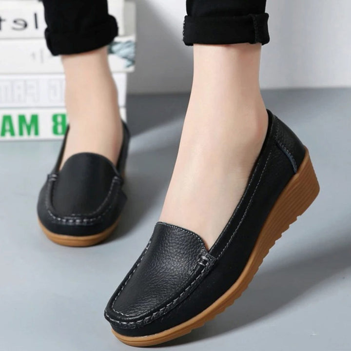 Women's Leather Slip-On Wedge Moccasin Loafers - Black