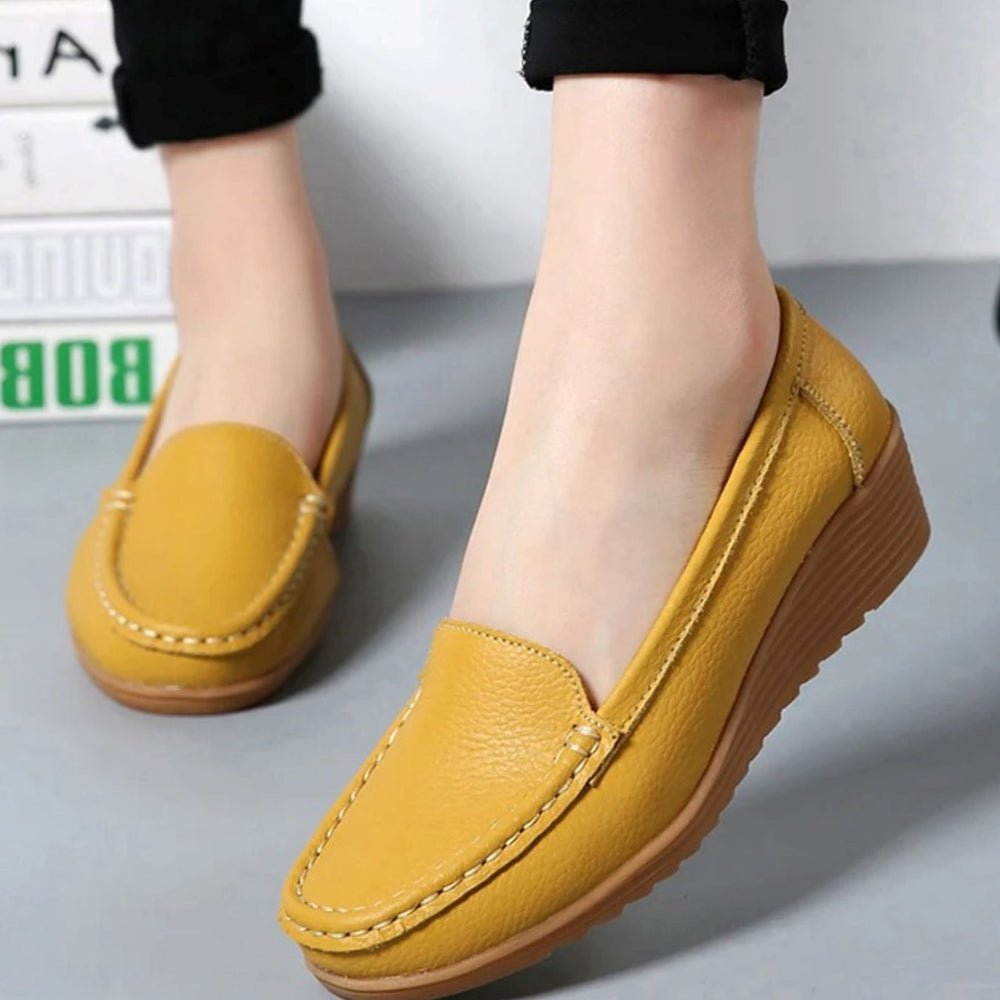 Women's Leather Slip-On Wedge Moccasin Loafers - Yellow