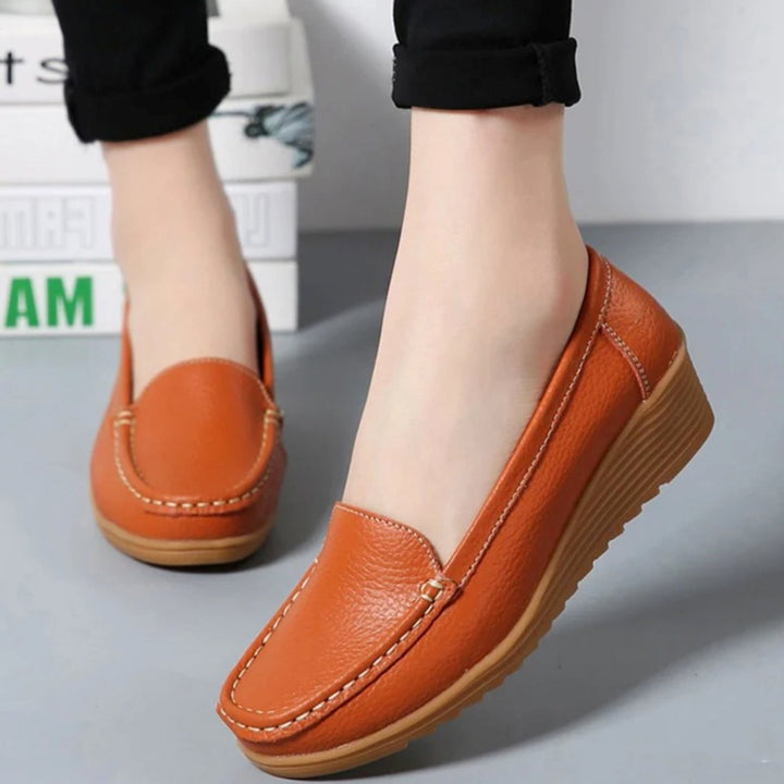 Women's Leather Slip-On Wedge Moccasin Loafers - Orange
