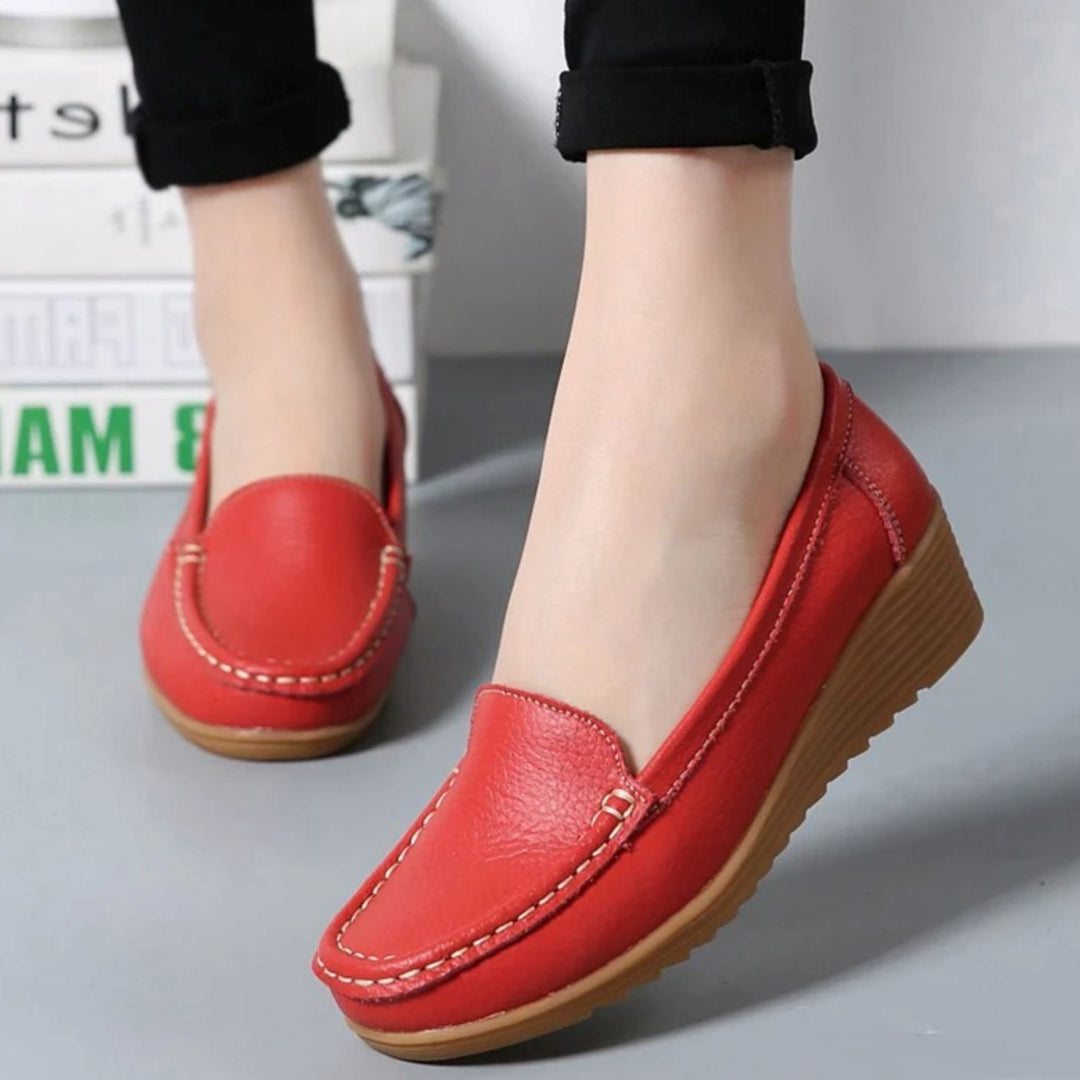 Women's Leather Slip-On Wedge Moccasin Loafers - Red