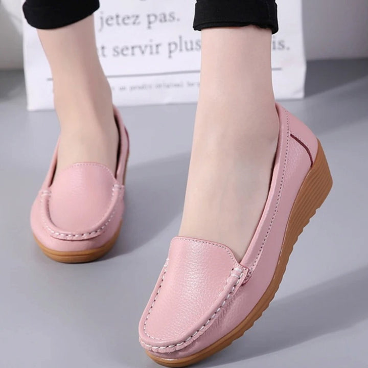 Women's Leather Slip-On Wedge Moccasin Loafers - Pink