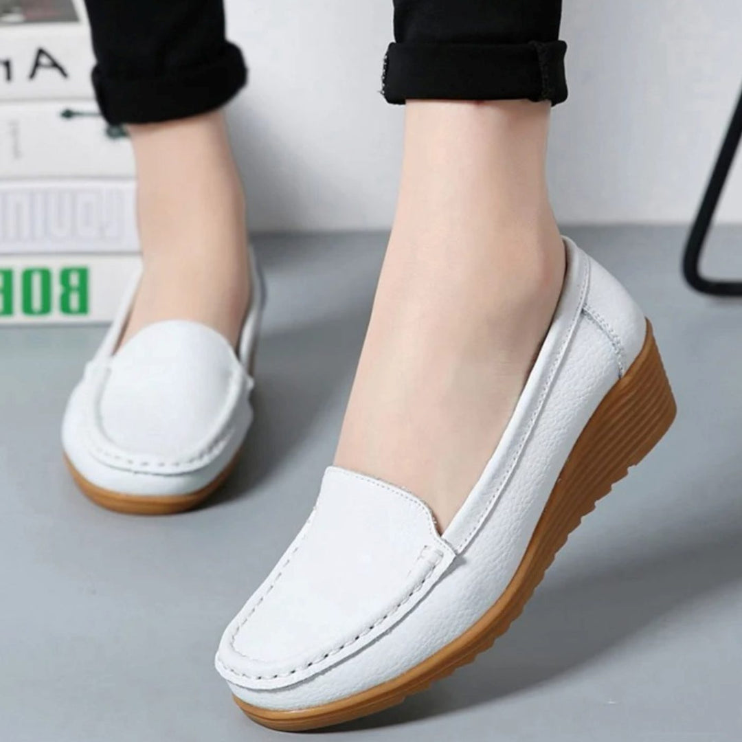 Women's Leather Slip-On Wedge Moccasin Loafers - White