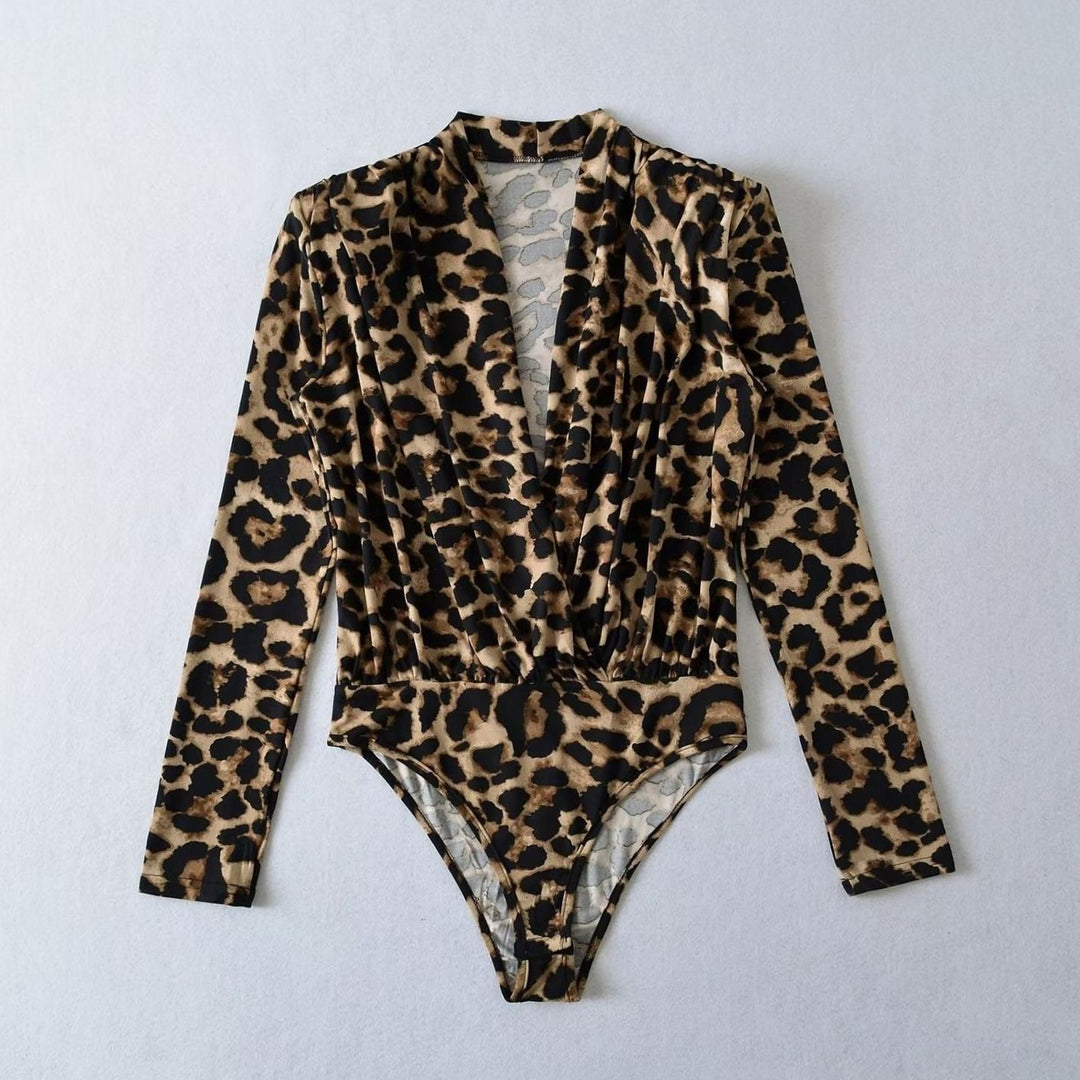 Women's Leopard Print Deep V-Neck Long-Sleeve Bodysuit - Animal Print