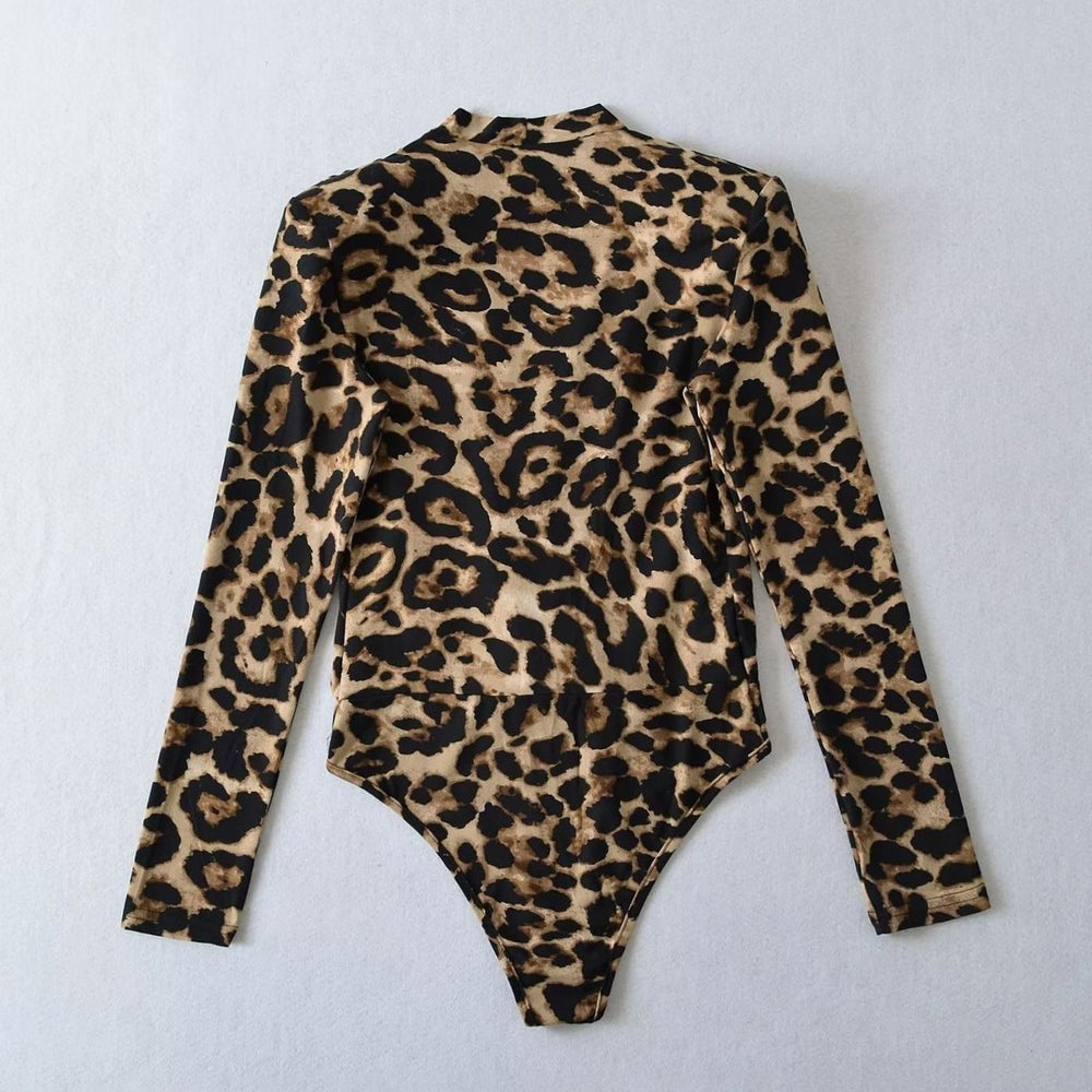 Women's Leopard Print Deep V-Neck Long-Sleeve Bodysuit