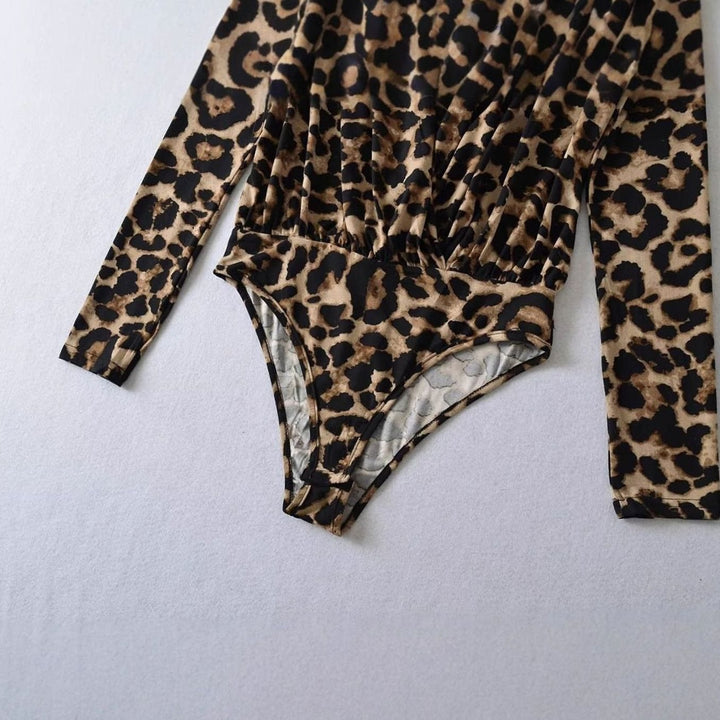 Women's Leopard Print Deep V-Neck Long-Sleeve Bodysuit