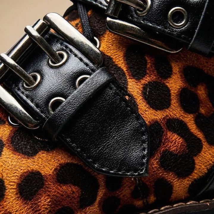 Women's Leopard Print Lace-Up Buckle Ankle Boots Chunky Sole