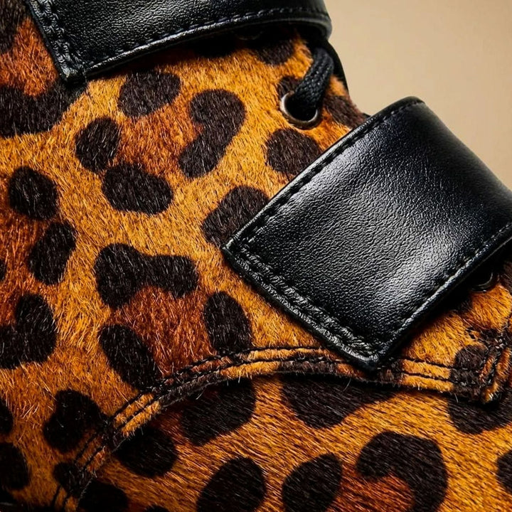 Women's Leopard Print Lace-Up Buckle Ankle Boots Chunky Sole