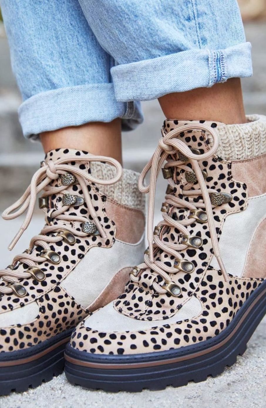 Women's Leopard Print Lace-Up Platform Combat Boots