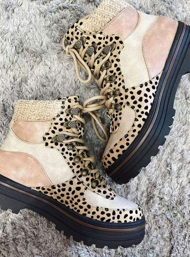 Women's Leopard Print Lace-Up Platform Combat Boots