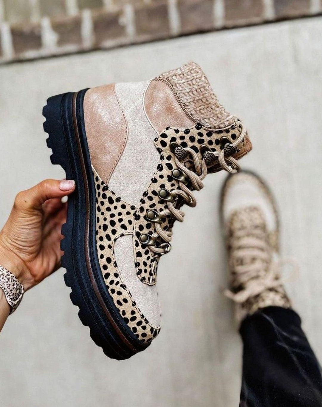 Women's Leopard Print Lace-Up Platform Combat Boots