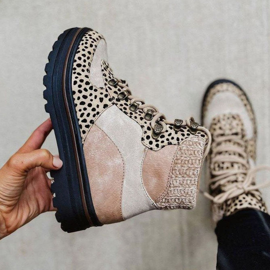 Women's Leopard Print Lace-Up Platform Combat Boots - Beige