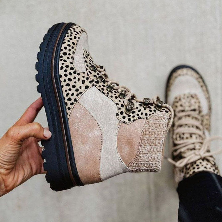 Women's Leopard Print Lace-Up Platform Combat Boots - Beige