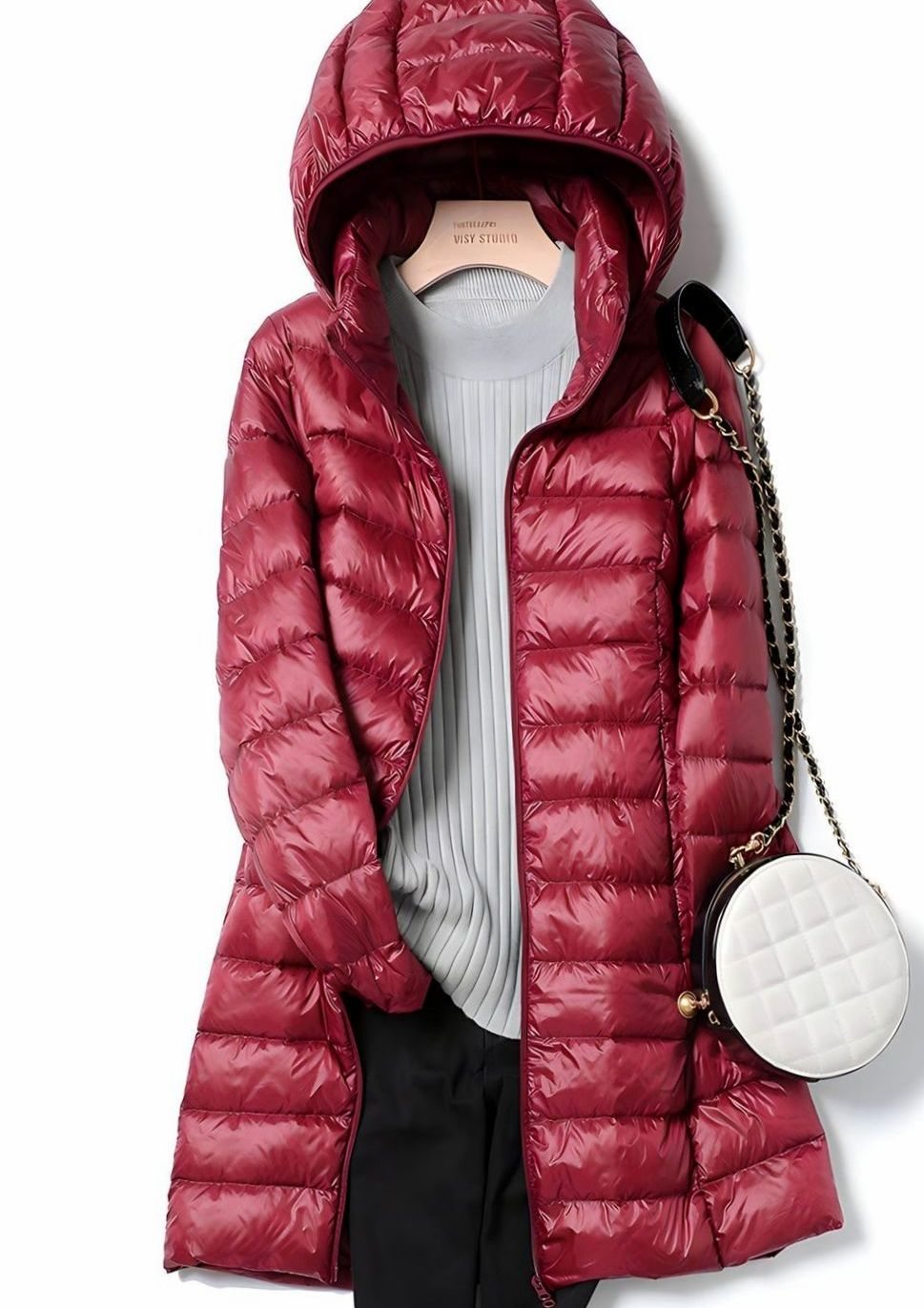 Women's Lightweight Hooded Long Puffer Down Jacket - Wine Red
