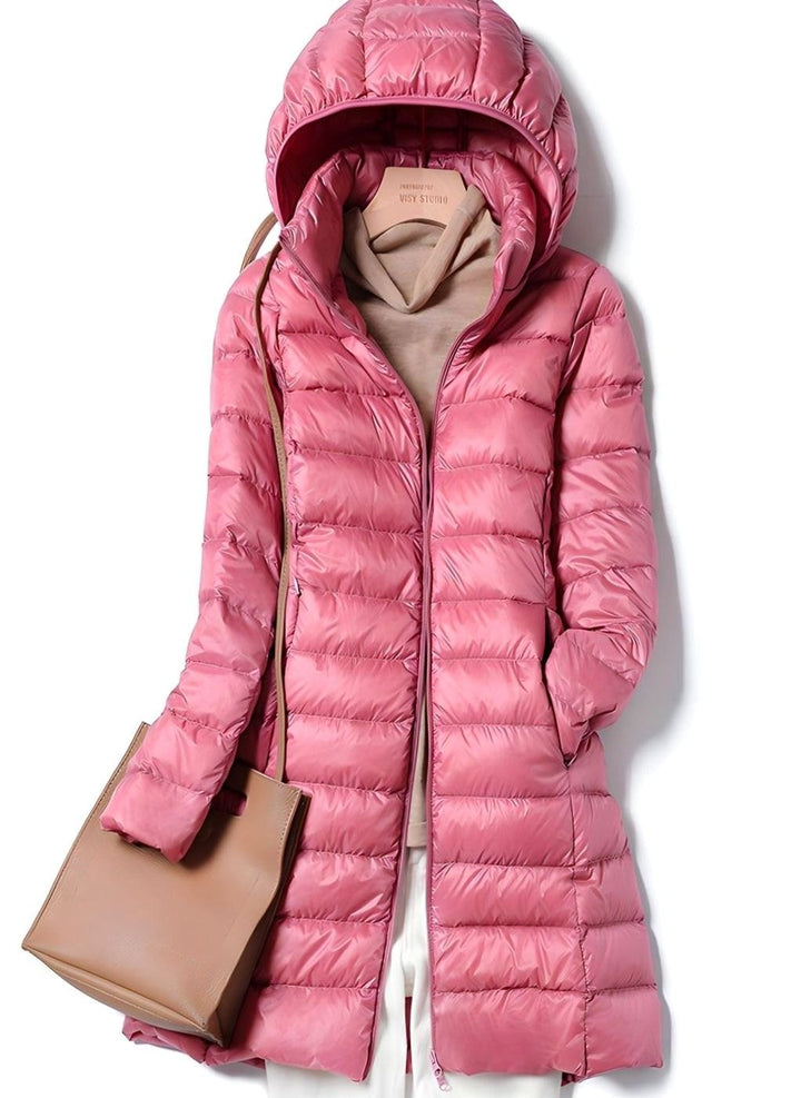 Women's Lightweight Hooded Long Puffer Down Jacket - Pink