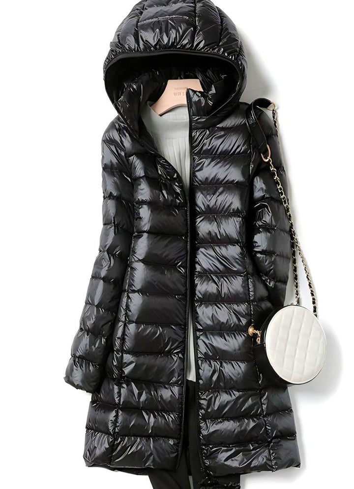 Women's Lightweight Hooded Long Puffer Down Jacket - Black