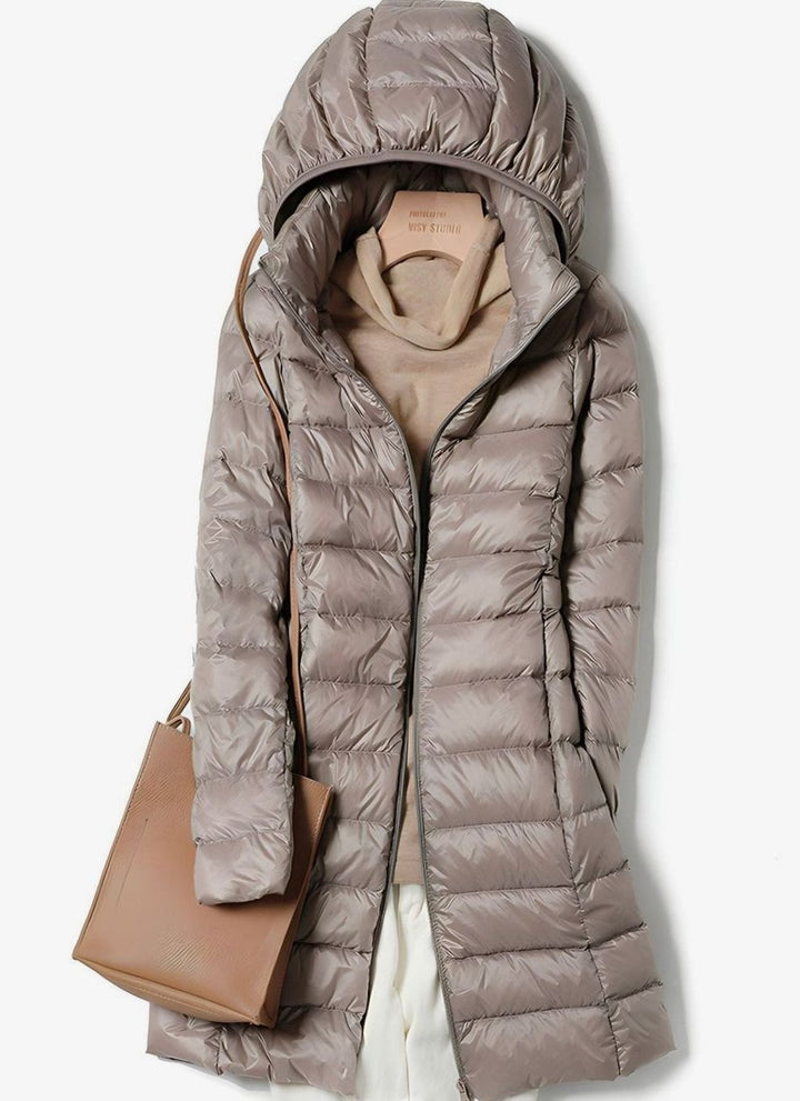 Women's Lightweight Hooded Long Puffer Down Jacket - Khaki