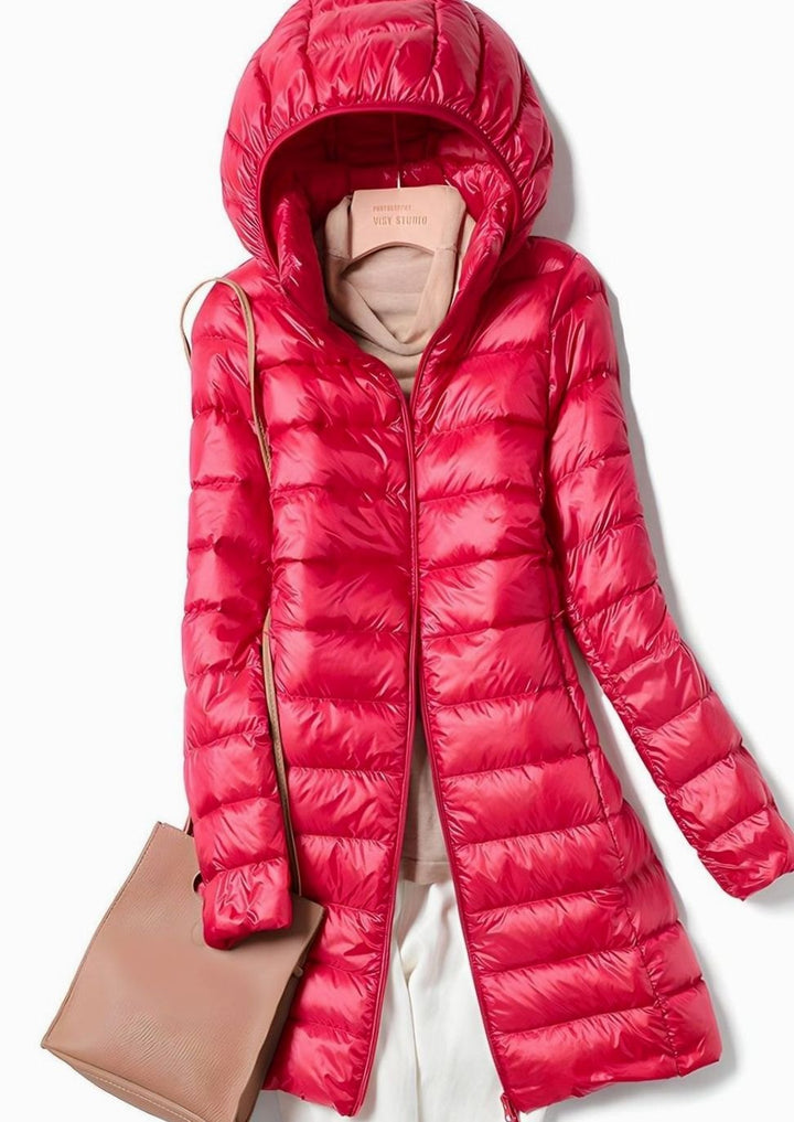 Women's Lightweight Hooded Long Puffer Down Jacket - Red