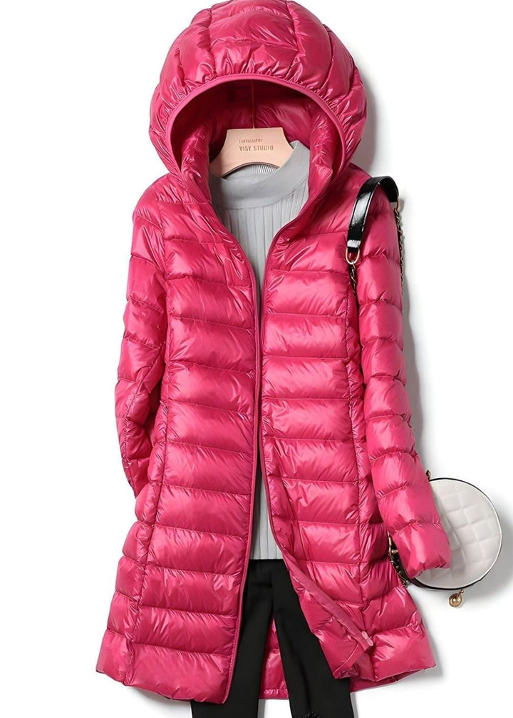 Women's Lightweight Hooded Long Puffer Down Jacket - Dark Pink
