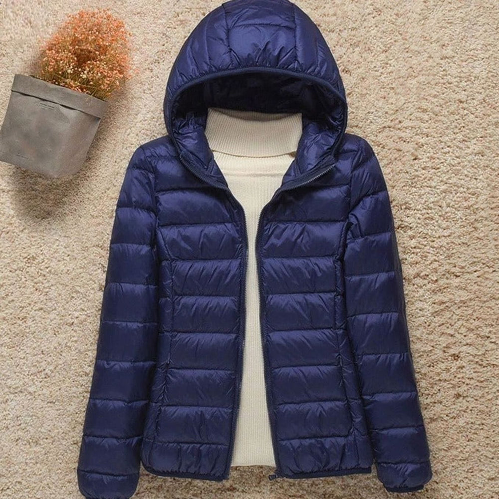 Women's Lightweight Hooded Puffer Down Jacket - Navy Blue