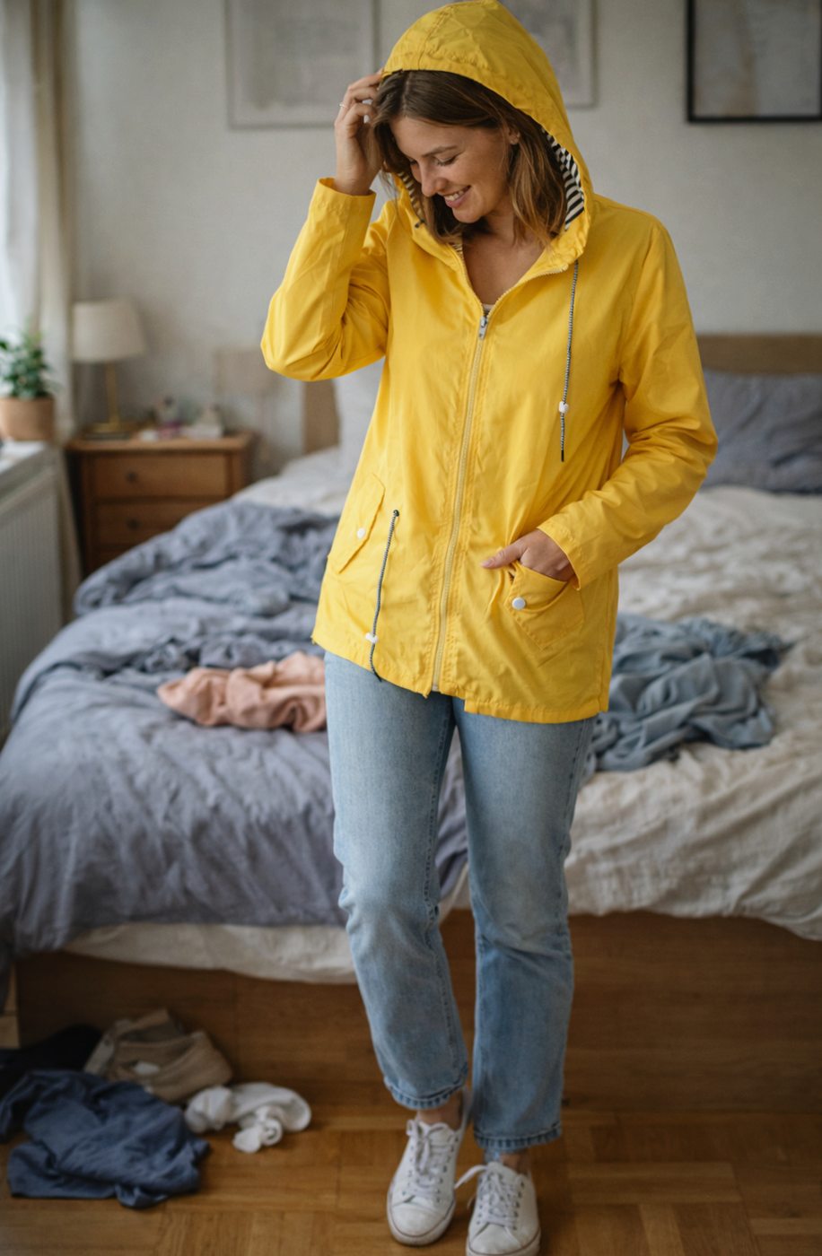 Women's Lightweight Hooded Waterproof Rain Jacket Drawstring Waist - Yellow