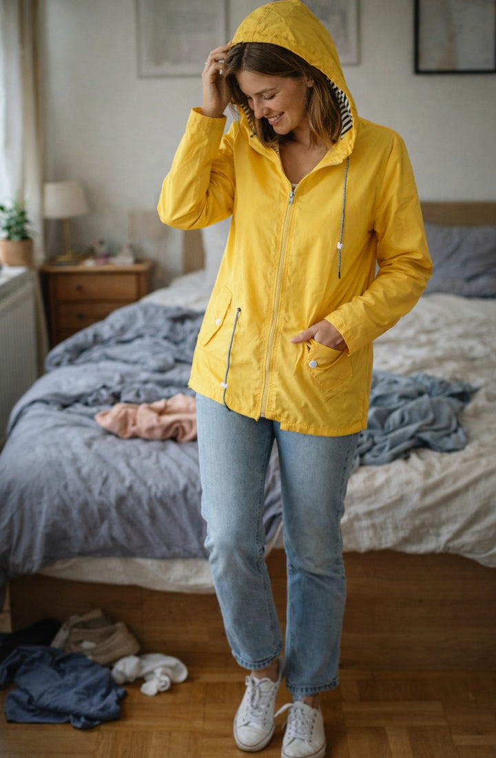 Women's Lightweight Hooded Waterproof Rain Jacket Drawstring Waist - Yellow