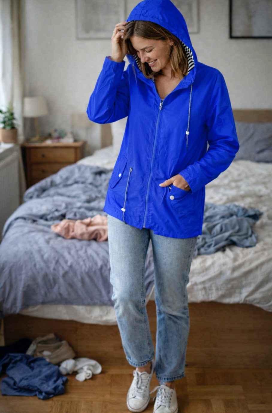 Women's Lightweight Hooded Waterproof Rain Jacket Drawstring Waist - Blue