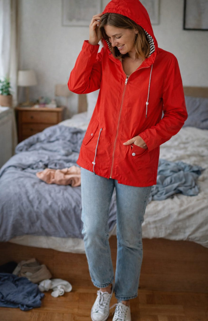 Women's Lightweight Hooded Waterproof Rain Jacket Drawstring Waist - Red