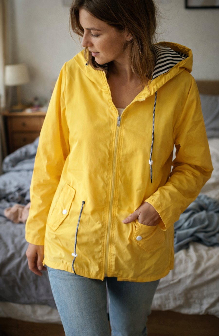 Women's Lightweight Hooded Waterproof Rain Jacket Drawstring Waist