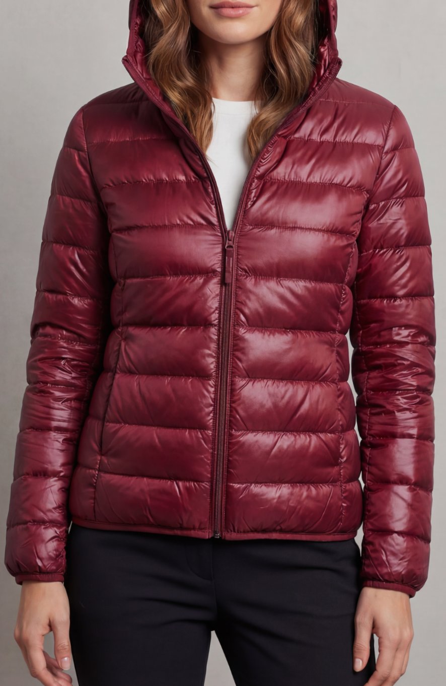 Women's Lightweight Packable Hooded Puffer Jacket - Wine Red