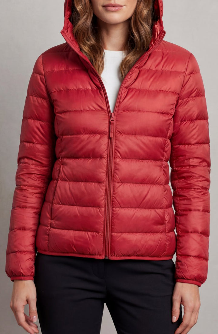 Women's Lightweight Packable Hooded Puffer Jacket - Red