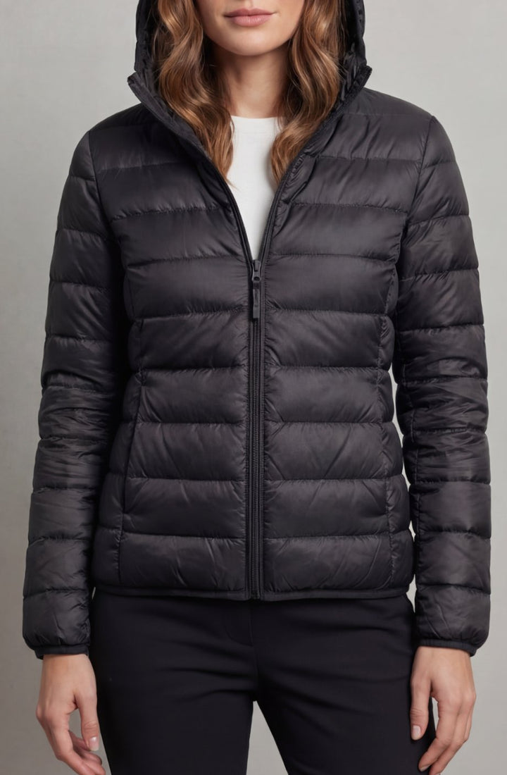 Women's Lightweight Packable Hooded Puffer Jacket - Black