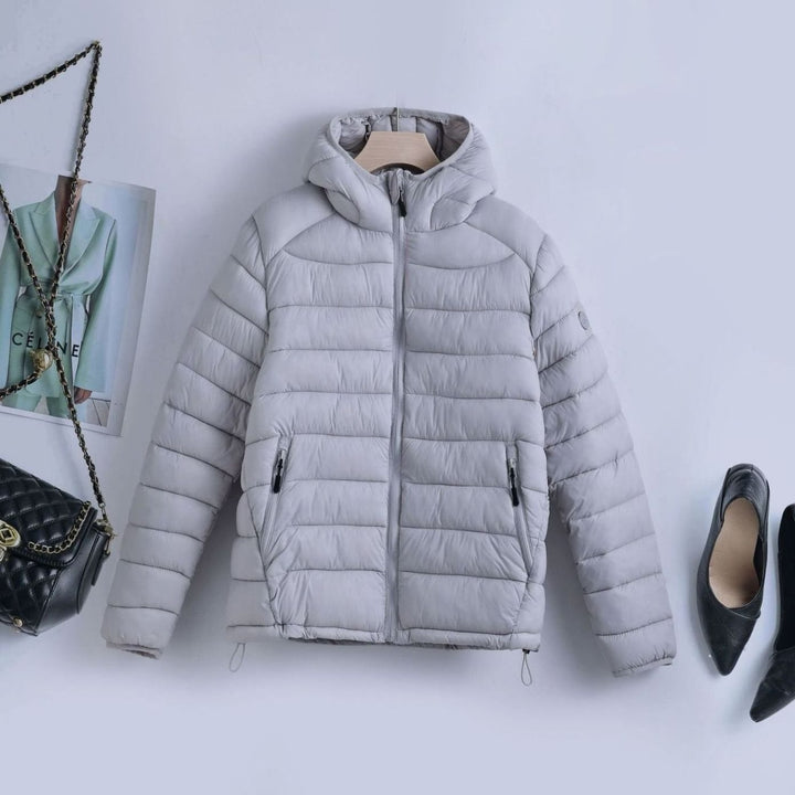 Women's Lightweight Quilted Hooded Puffer Jacket Drawstring Waist - Grey