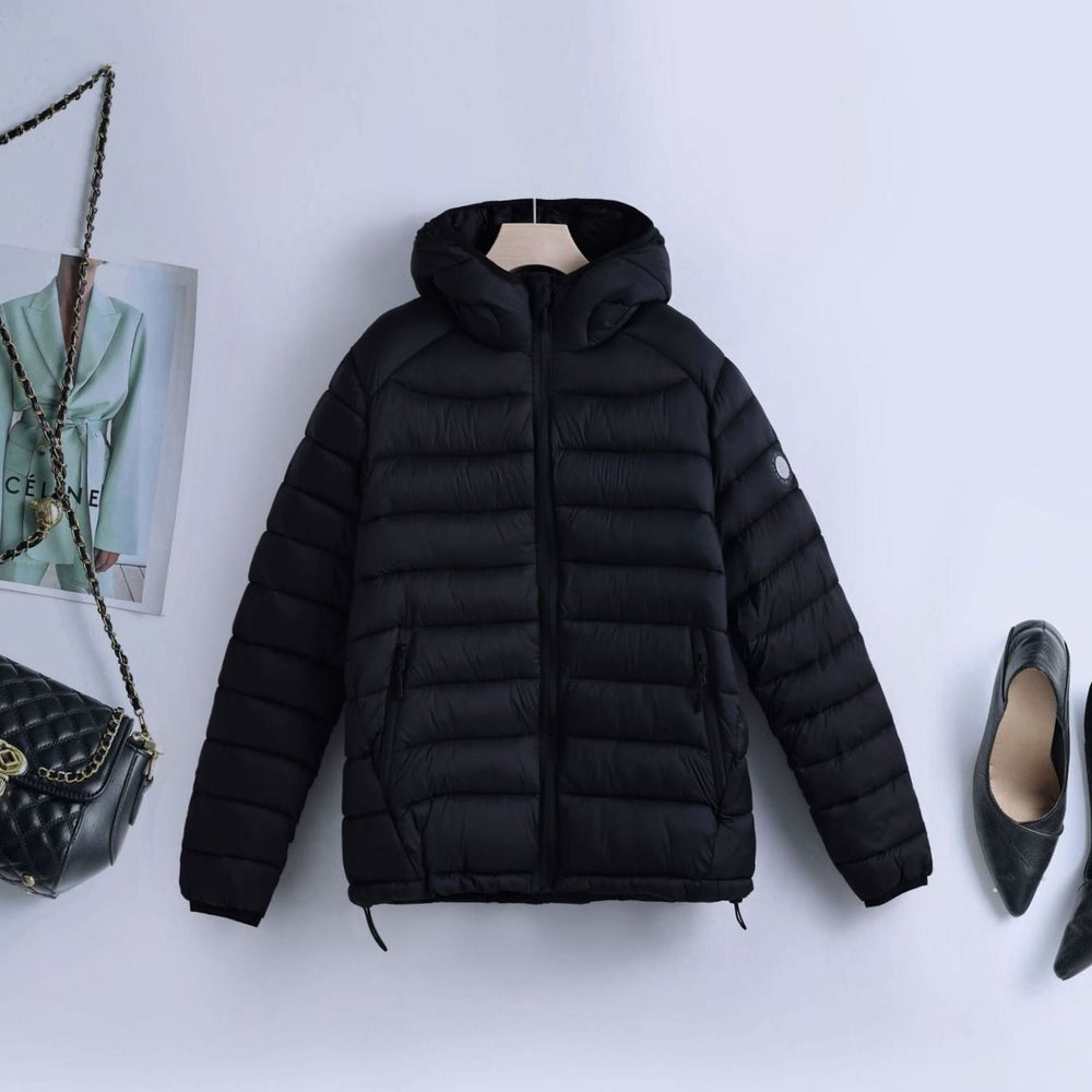 Women's Lightweight Quilted Hooded Puffer Jacket Drawstring Waist - Black