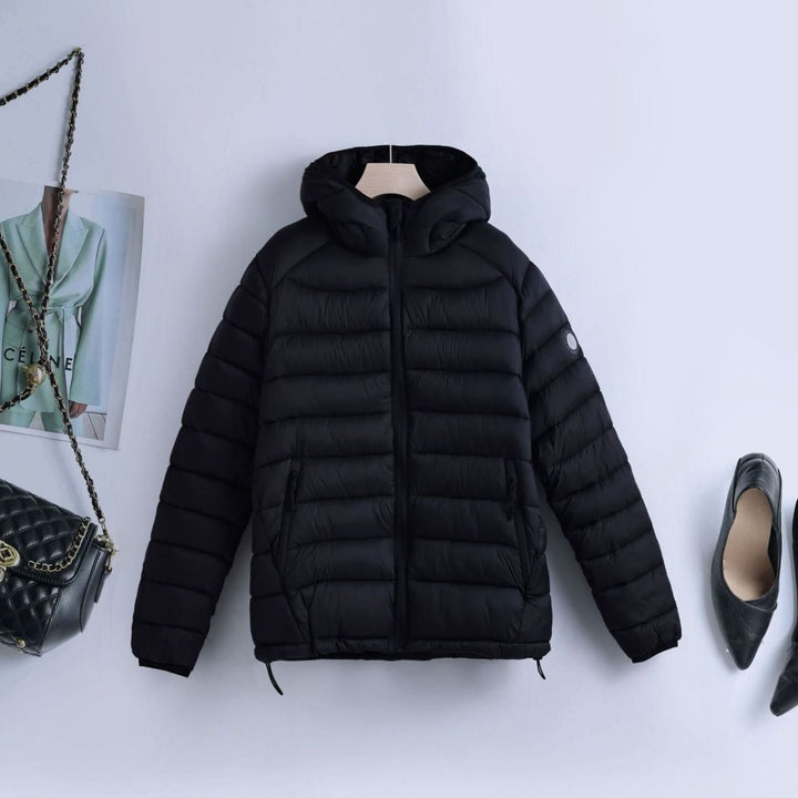 Women's Lightweight Quilted Hooded Puffer Jacket Drawstring Waist - Black