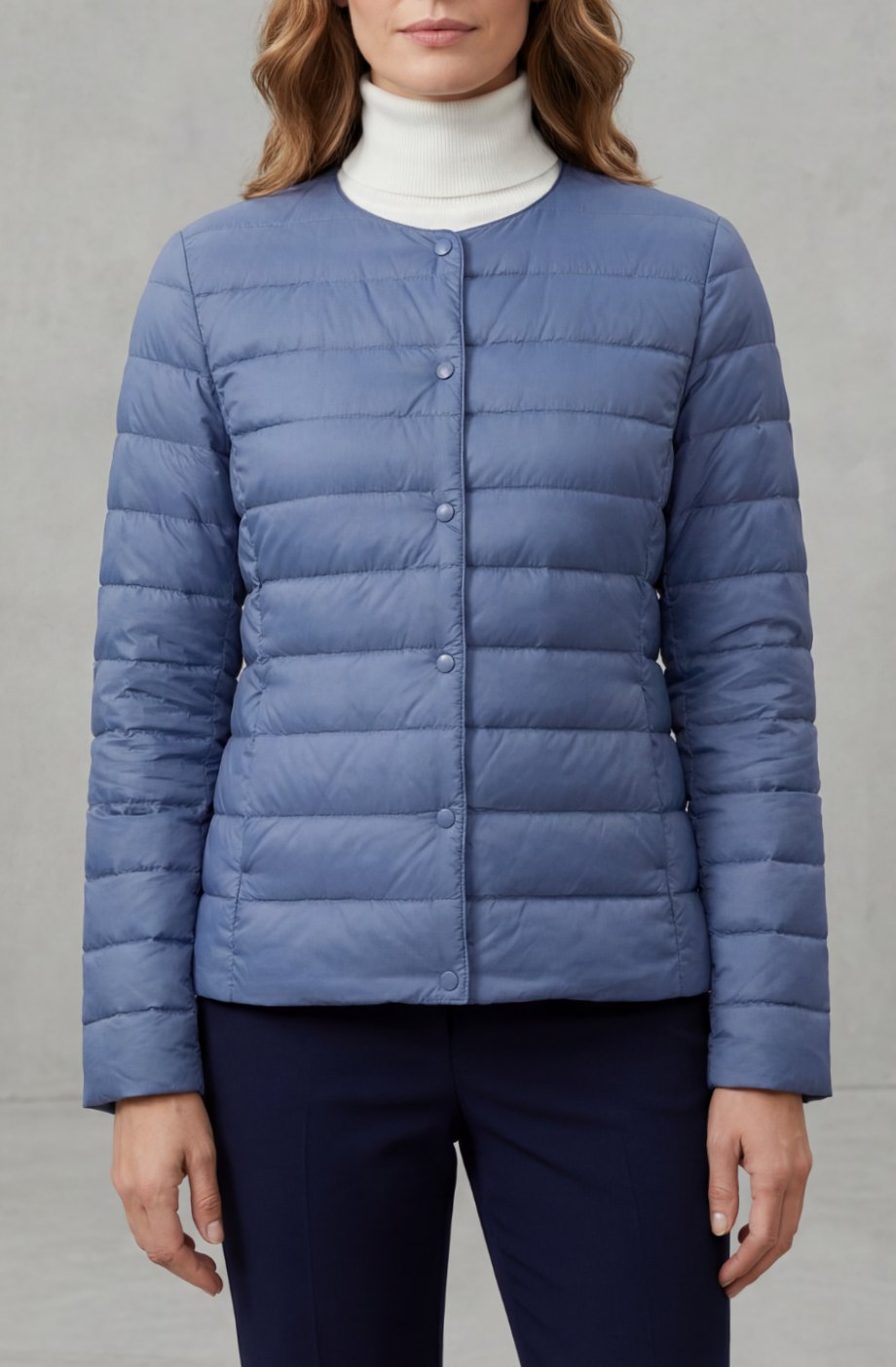 Women's Lightweight Quilted Padded Jacket Collarless Snap-Button - Blue