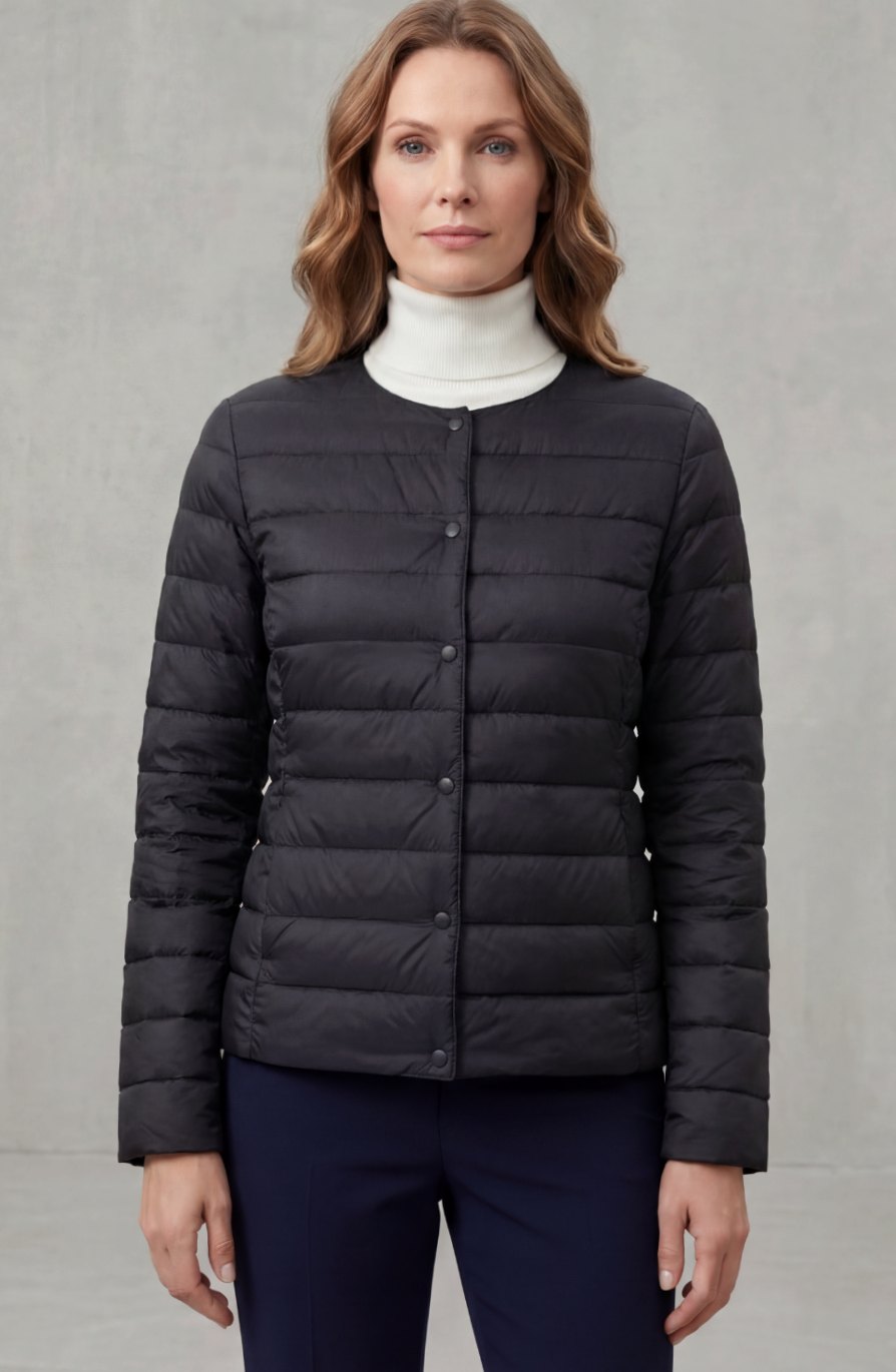 Women's Lightweight Quilted Padded Jacket Collarless Snap-Button