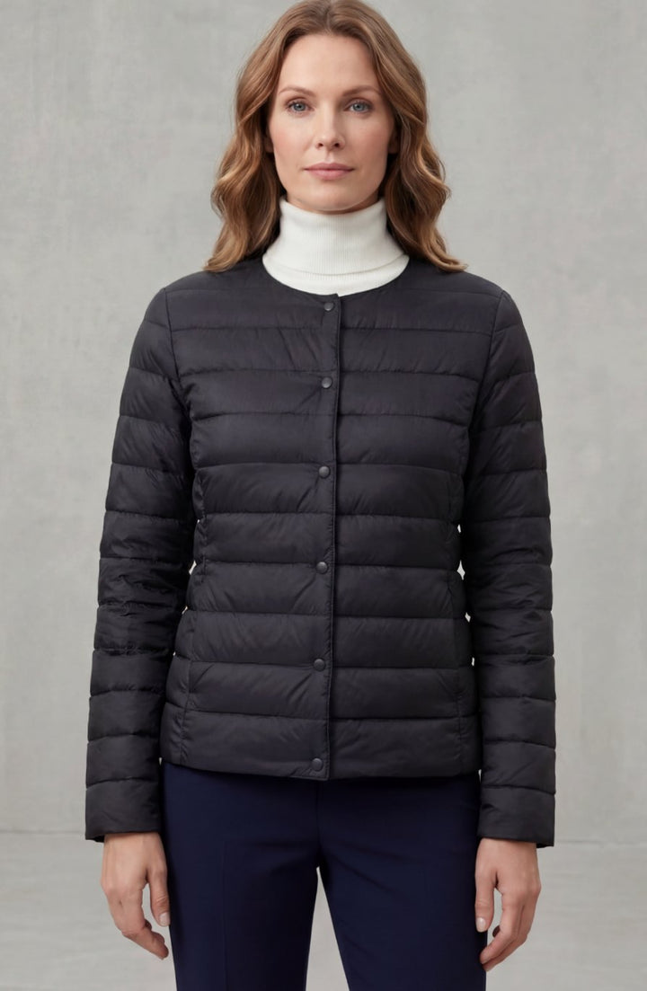 Women's Lightweight Quilted Padded Jacket Collarless Snap-Button